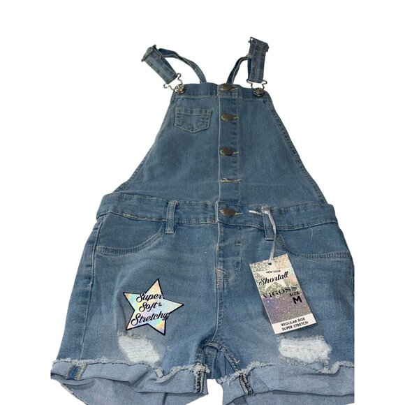Vigoss Girls Denim Overalls Shorts Medium Super Soft & Stretchy Blue Steel Heart - Picture 1 of 7